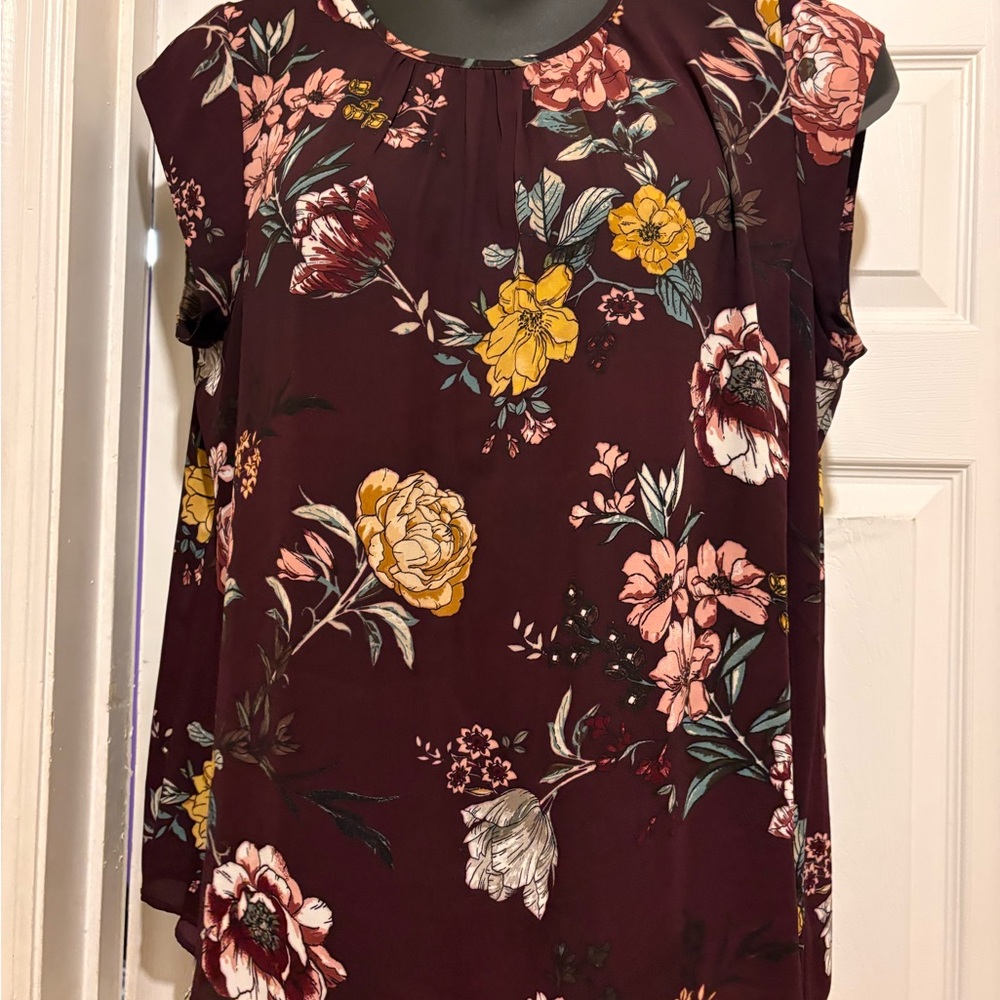 DR2 Burgundy Floral Cap-Sleeve Blouse with Yellow and Pink Flowers